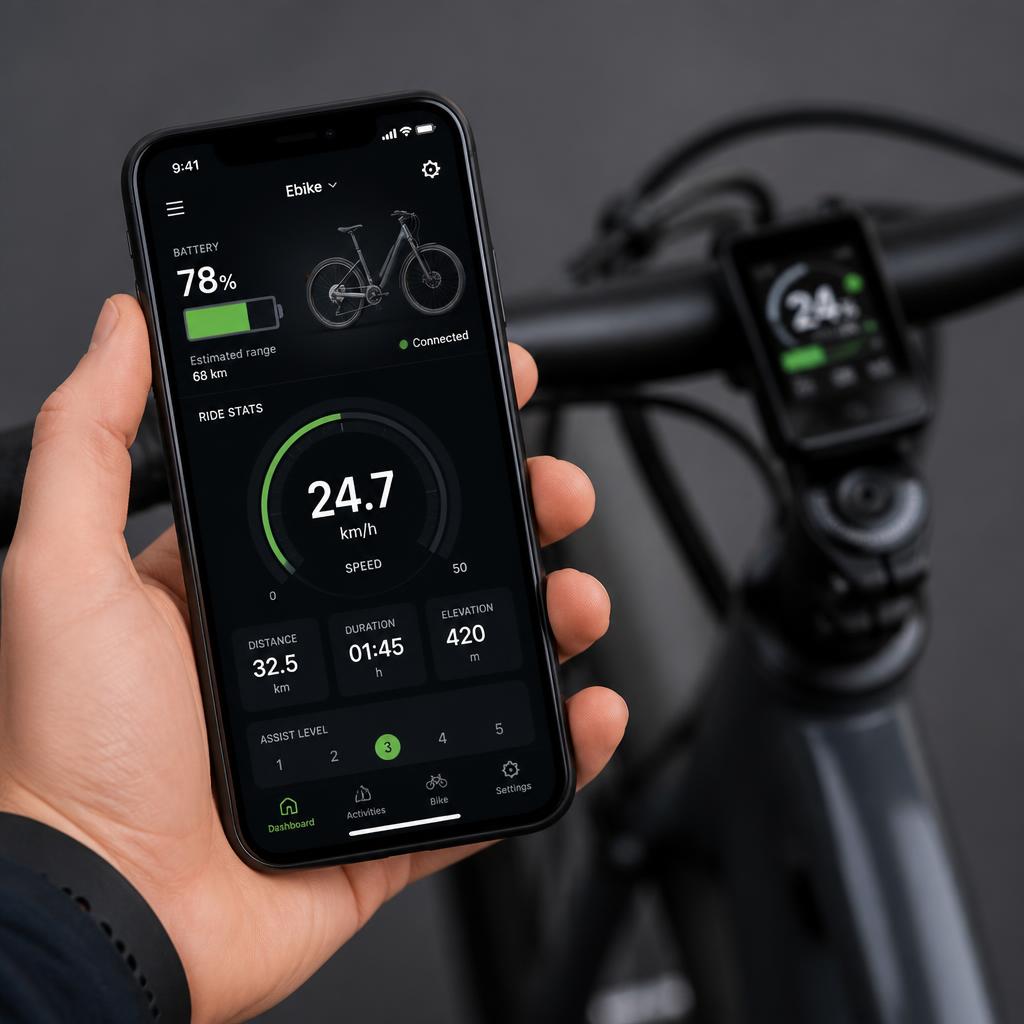 Smartphone showing e-bike app with ride data